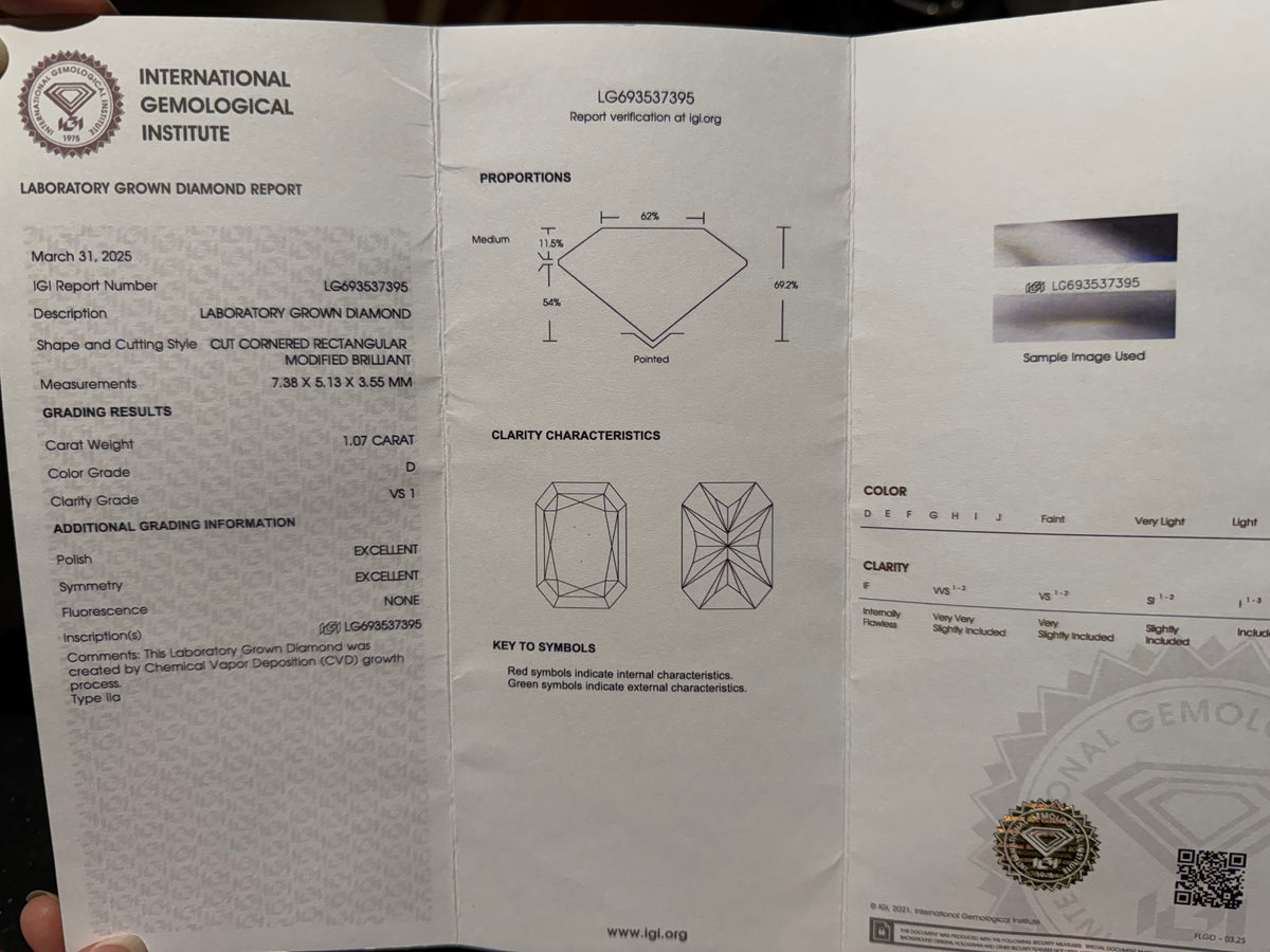 Diamante de Laboratorio Corte Radiante 1.07ct D VS1 con Certificado IGI