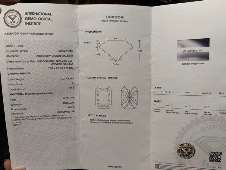Diamante de Laboratorio Corte Radiante 1.07ct D VS1 con Certificado IGI