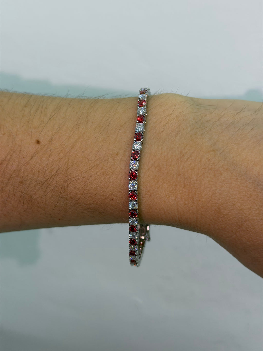 Pulseras Tenis de Plata Con Moissanita Champagne y Roja 3mm