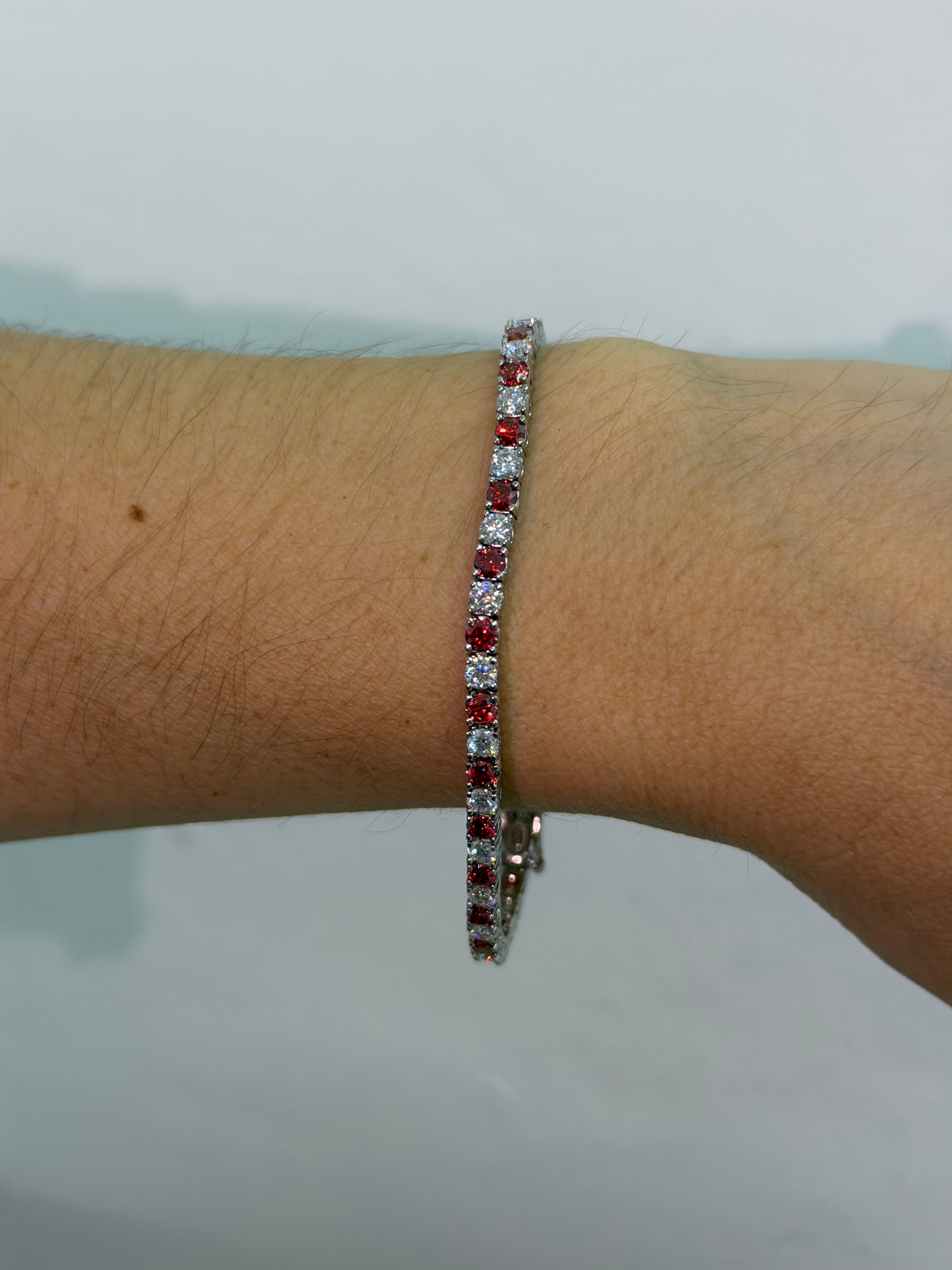 Pulseras Tenis de Plata Con Moissanita Champagne y Roja 3mm